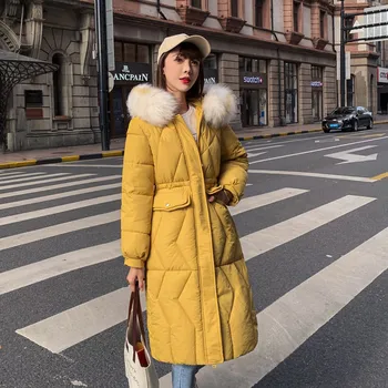 

2019 Winter Parkas New Large Fur Collar Women Mid Long Thick Warmth Slim Down Jacket Solid Color Hooded Women Cotton Coat WIN960