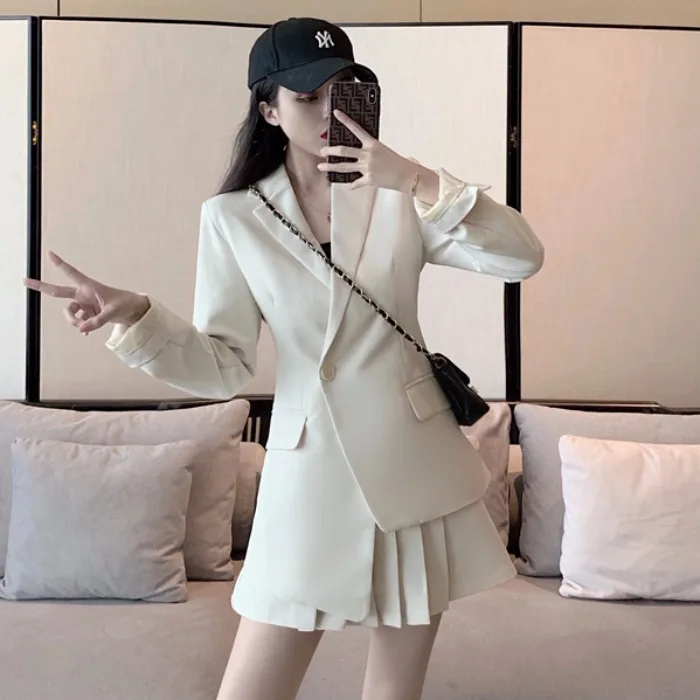 Осенняя одежда, стиль, Hong Kong Flavor CHIC Charade, однотонный костюм, куртка+ плиссированная юбка с высокой талией, комплект из двух предметов, 8930