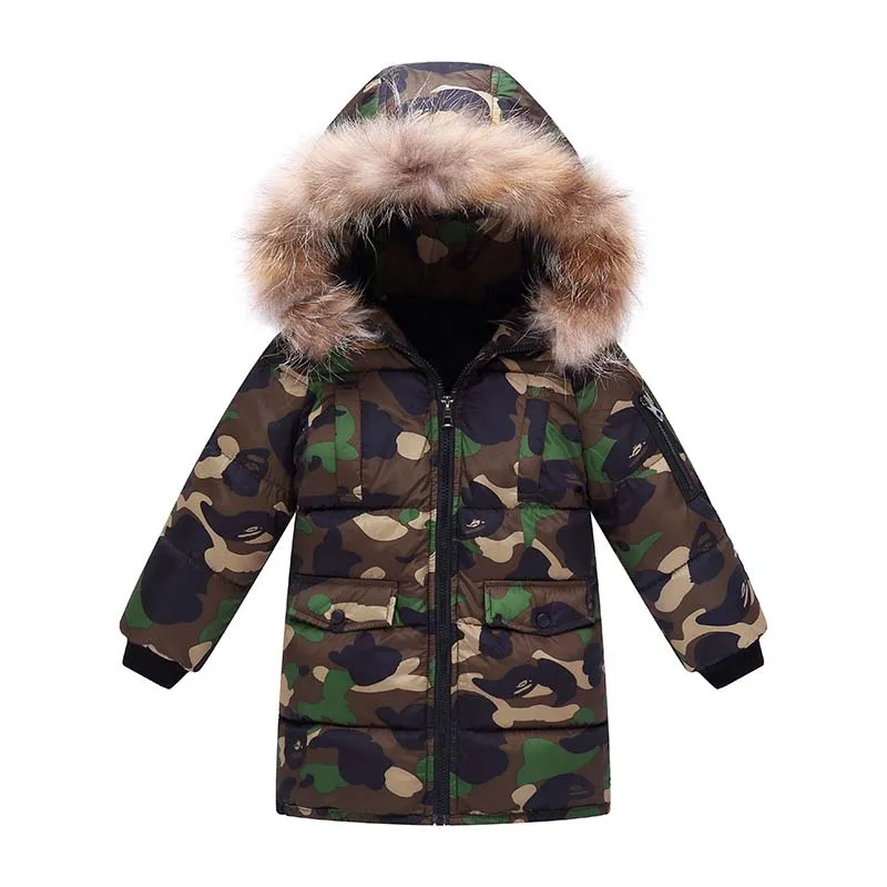 Camouflage green Детское пальто высокого качества для мальчиков зимние комбинезоны для детей парка мех средней длины воротник камуфляжная одежда для девочек 8 лет - Цвет: Camouflage green