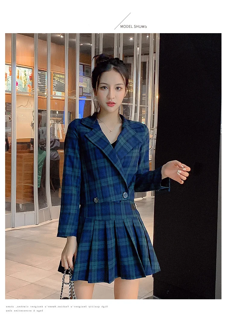Элегантный стиль зеленый клетчатый женский костюм юбка Блейзер кавайные костюмы с юбкой весна осень укороченный пиджак и мини плиссированная юбка комплект