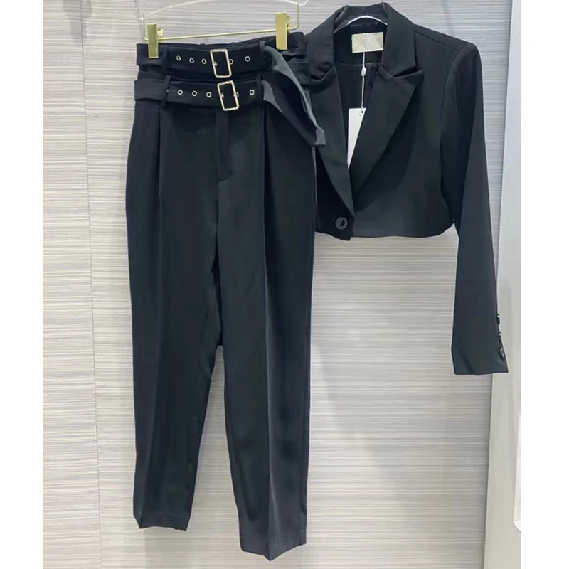 

9.16 2019 Autumn new temperament single button Turn-down collar short tops + empire straight pants women suit