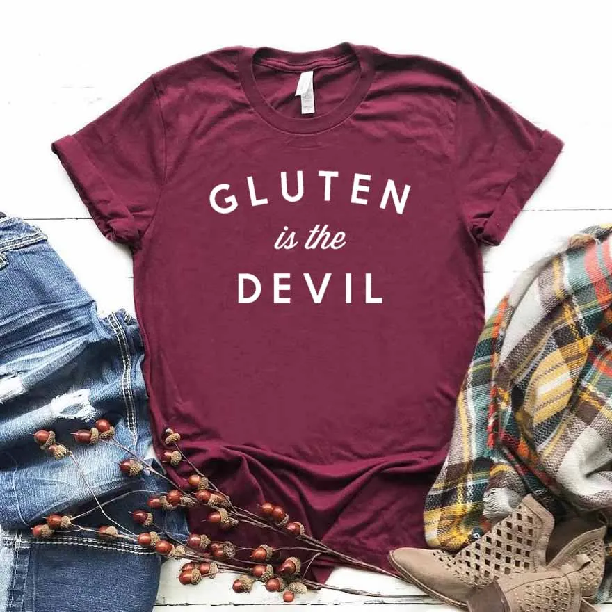 Gluten Is The Devil Print Женская футболка смешные изделия из хлопка футболка для Yong Lady girl Топ Футболка хипстер Прямая поставка NA-365 - Цвет: Бургундия