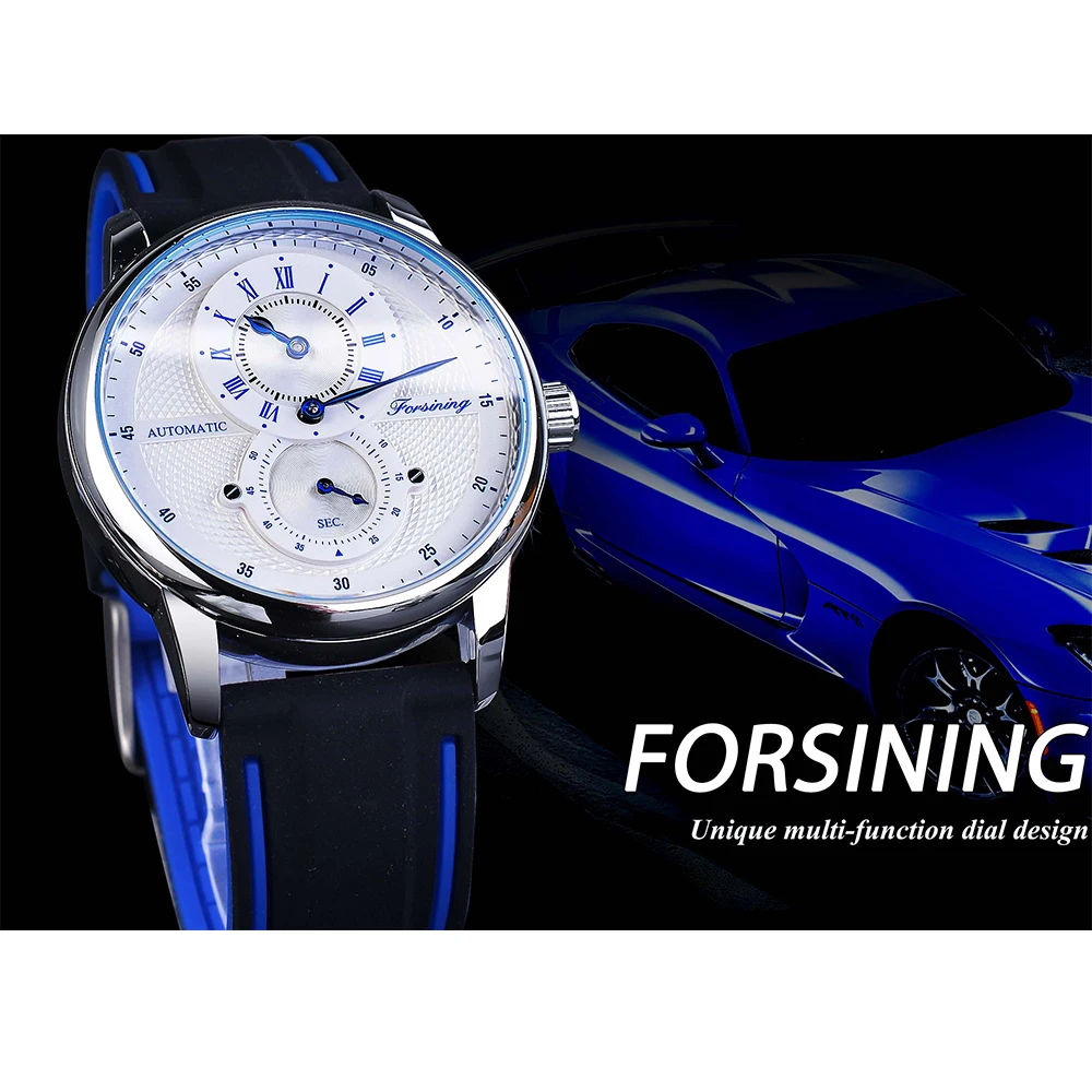 Forsining Luxury Men's Automatic Wristwatch Dual Dial Transparent Waterproof Mechanical Watches Silicone Band Casual Sport Clock