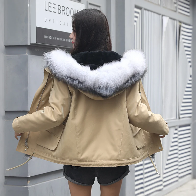 

Fur Rabbit Natural Liner Parka Real Fur Winter Jacket Women Large Real Fox Fur Collar Trench Coat Female Warm Paraks MY