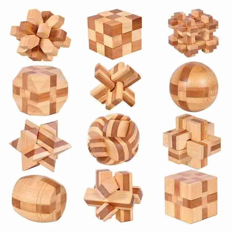 

IQ Brain Teaser Kong Ming Lock Wooden Interlocking Burr Bamboo Puzzles Game Toy For Adults Kids