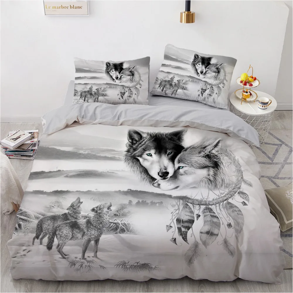 Black Bedding Sets 3D Wolf Duvet Quilt Cover Set Comforter Bed Linens Pillowcase King Queen Full Double Home Texitle | Дом и сад
