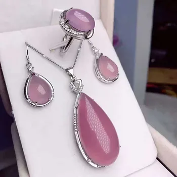 

S925 silver agate jade silver pendant ring earrings three piece set