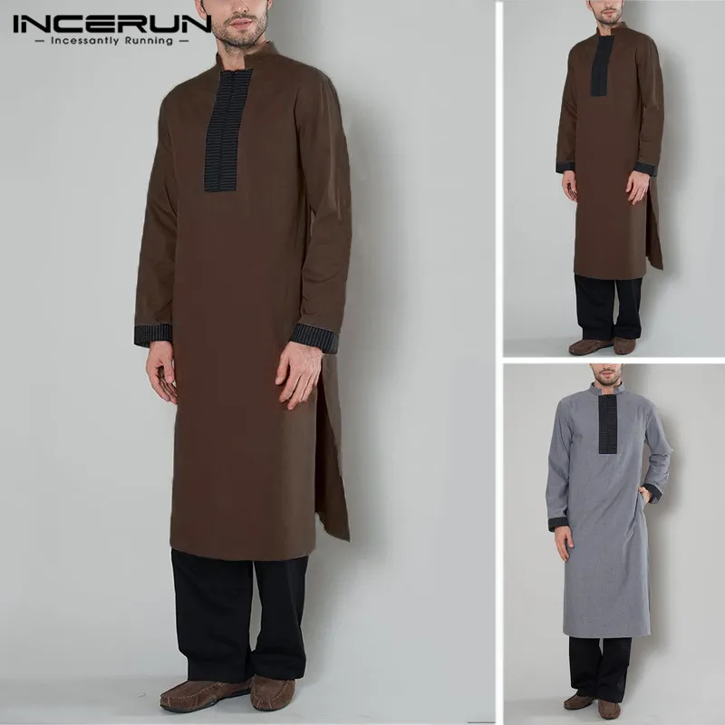

Muslim Clothes Arabic Islamic Kaftan Men Long Sleeve Stand Collar Robe 2019 Patchwork Dubai Saudi Arabia Jubba Thobe Men INCERUN