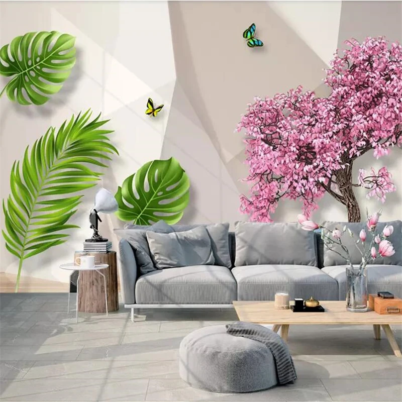 

wellyu 3D Stereo Scandinavian Flower Tree Banana Leaf Background Custom Large Mural Wallpaper papel de parede para quarto3d