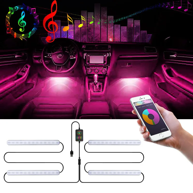 

Car RGB LED Door Floor Light Strip Remote Sound Control 12V LED Atmosphere Light Decorative Music Rhythm Lamp Car Accessories