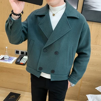 

Winter Short Woolen Coat Men Fashion Casual Woolen Jacket Men Streetwear Loose Solid Color British Wind Jacket Male Overcoat