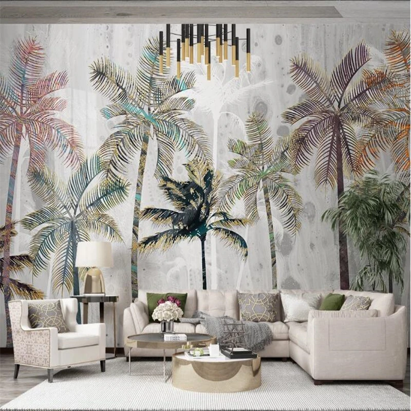 

wellyu papel de parede Custom wallpaper Light luxury Nordic tropical plant hand-painted coconut tree landscape TV background