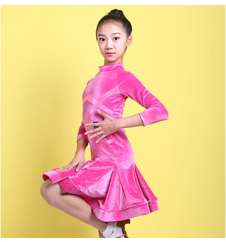 Платье для латинских танцев для девочек; розовое бархатное платье с длинными рукавами для соревнований; одежда для танго, сальсы, ча, ча, самбы; одежда для выступлений; DNV12209