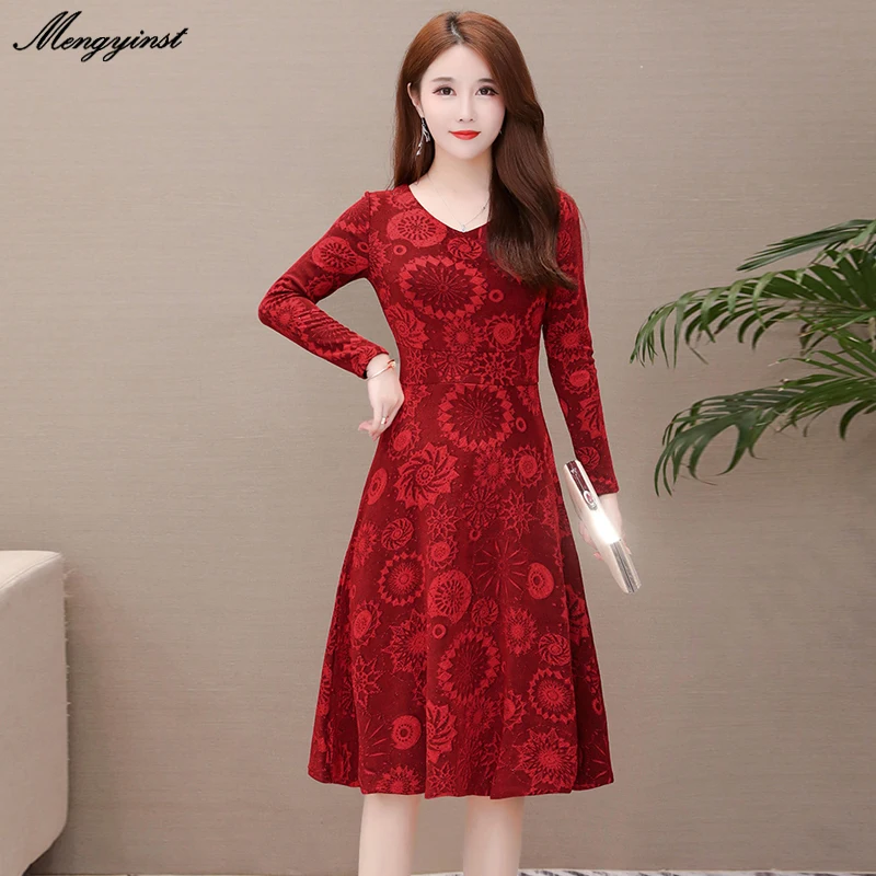 

Elegant Long Sleeve Lace Dress For Women 2020 Spring Ladies Elasticity V Neck Floral Office Lady Party Dresses Robe Femme 4XL