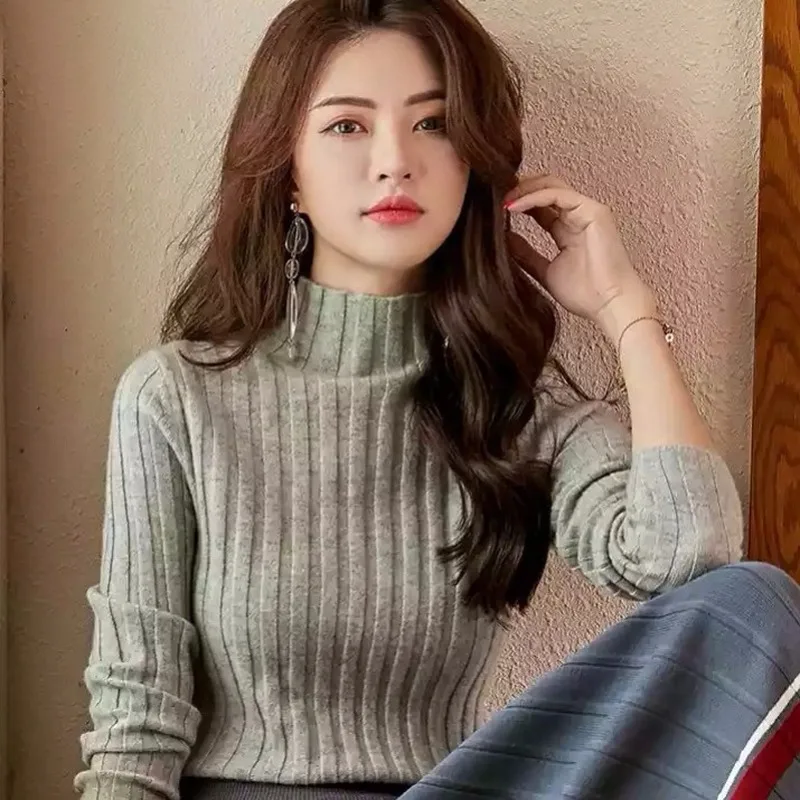 2019 autumn and winter new style core yarn half-high collar striped slim bottoming long-sleeved sweater women's sweaters | Женская