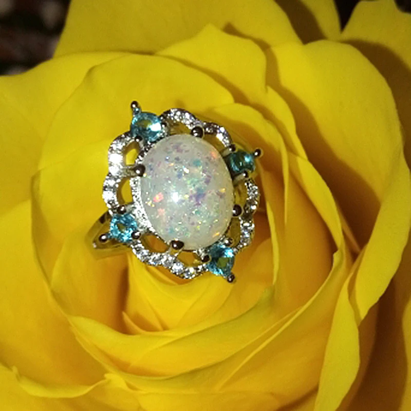 Огненный опал, обручальные кольца для женщин, модные ювелирные изделия, кольцо с голубым кристаллом, обручальное кольцо, подарок, Bague Femme Anillos Mujer F5J327