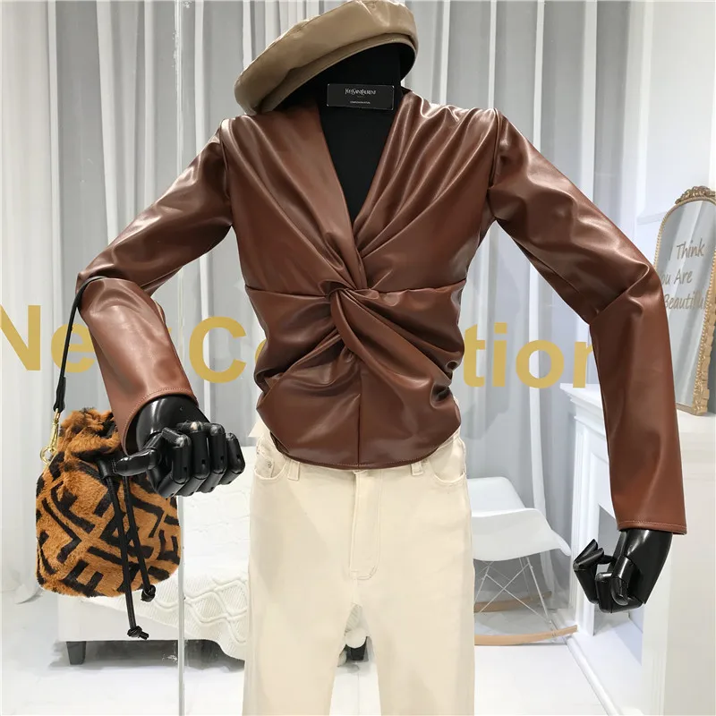 Sexy& Club PU V-Neck Women Tops Solid Faux Fur Women Blouse Women Long Sleeve Shirts Slim Womens Clothing new