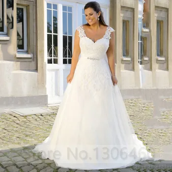 

Plus Size Custom Made Sexy V Neck Wedding Dress For Women Appliques Beading Belt Bride Dress vestido de noiva 2019