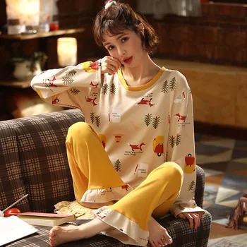 

Fast Shipping Cotton Women's Pajamas Set Autumn Winter Pyjamas Floral Sleepwear Sexy Home Clothes For Women Lingerie