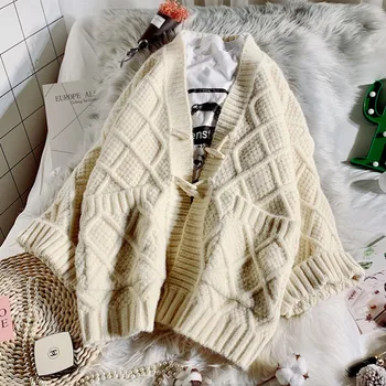 

Feminine Knitted Cardigans New Spring Autumn Winter Loose Women Sweaters Solid Color Coarse Wool Long Sleeve Knitted Outwear