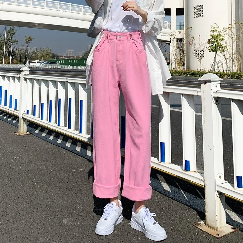 GUUZYUVIZ Pink Straight Wide Leg Jeans 