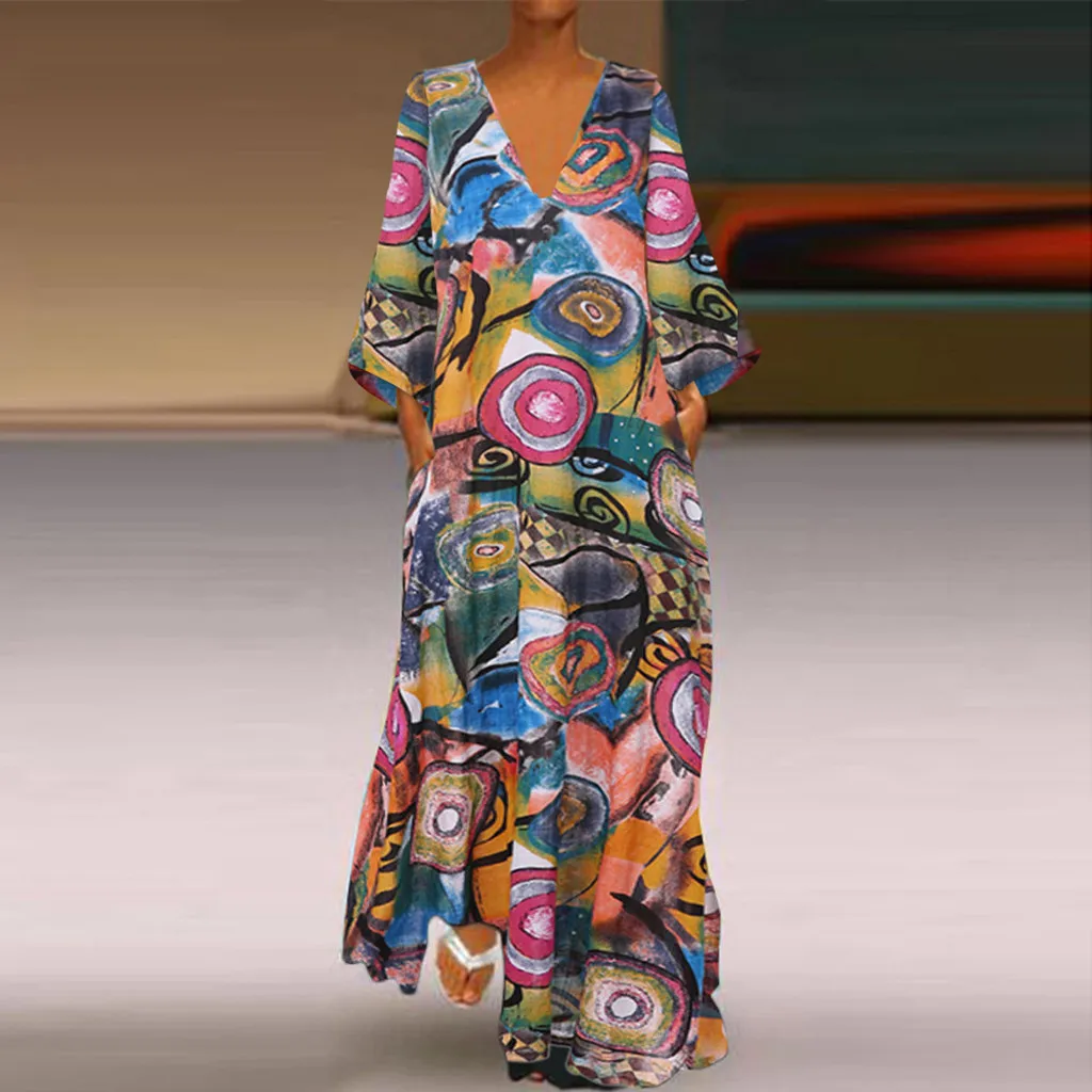 Женские повседневные летние платья больших размеров с принтом в стиле пэчворк из двух частей с круглым вырезом и принтом на запястье винтажное льняное Макси Платье De Festa