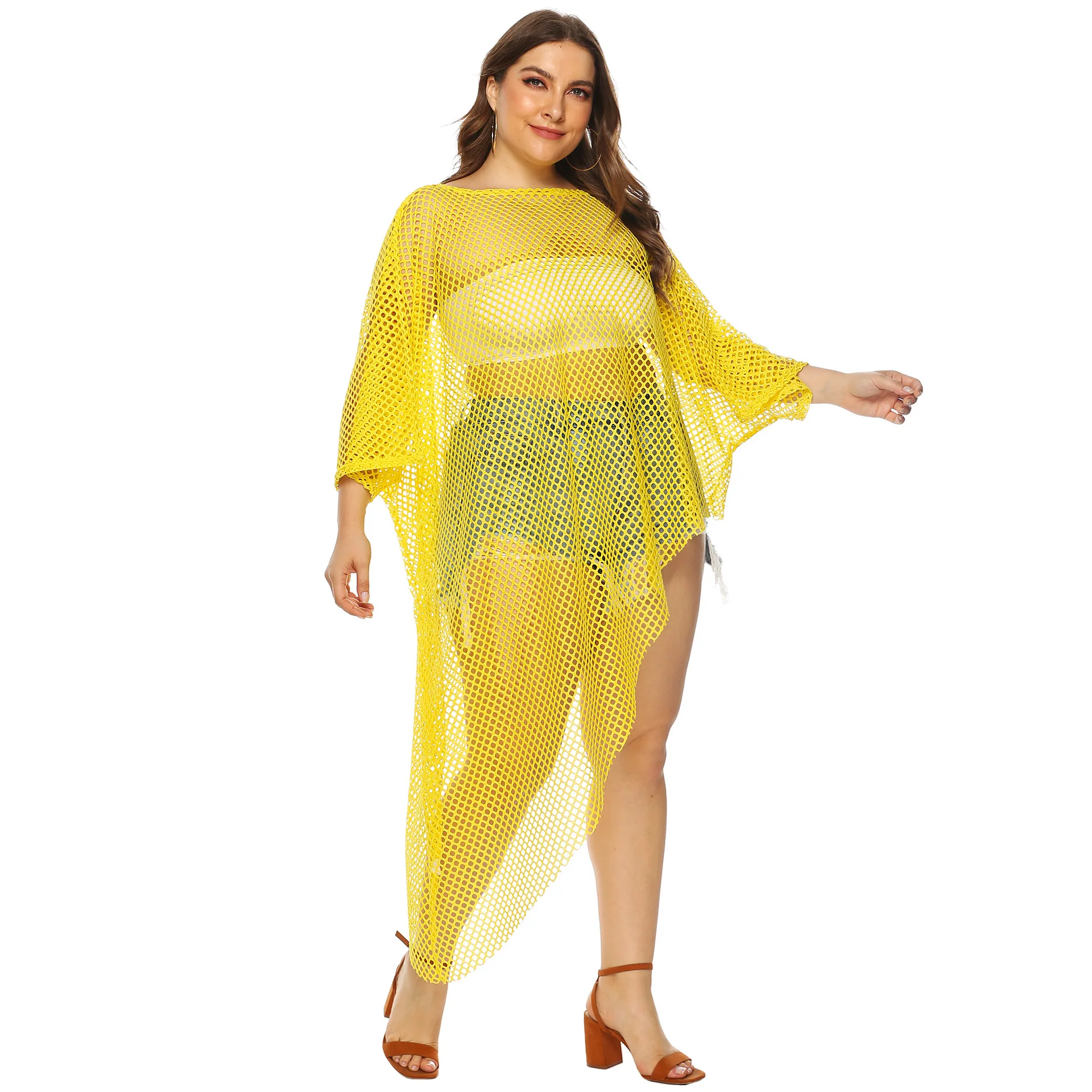 

Fashion Beach Mesh Blouse Spring And Summer Hollow Out A Line Collar Long Sleeve Irregular Loose Beach Cover Up Fashion