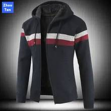 2020 The New Men Leisure Coat  Winter Thick Warm Hooded Cardigan Jumpers  Striped Cashmere Wool Liner Zipper Fleece Coats Men