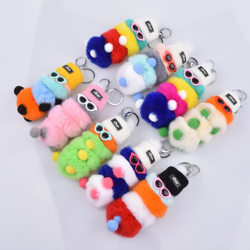 Women Genuine Rex rabbit fur Pendant Colorful caterpillar Fur Keychain Fluffy Toy Bag Car Charm Key Ring Couple Hanging chain | Украшения и