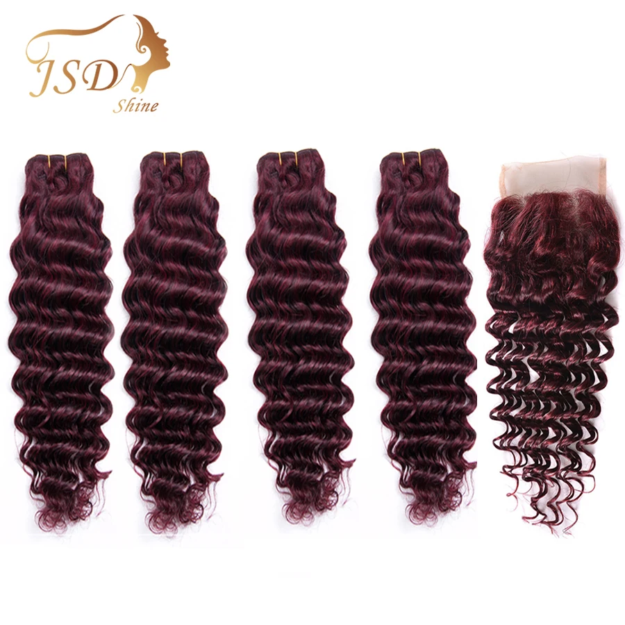 JSDShine бразильские человеческие волосы глубокие пучки волнистых волос с 4*4 Кружева Закрытие цвет красный 99J не Реми без запутывания 4 шт