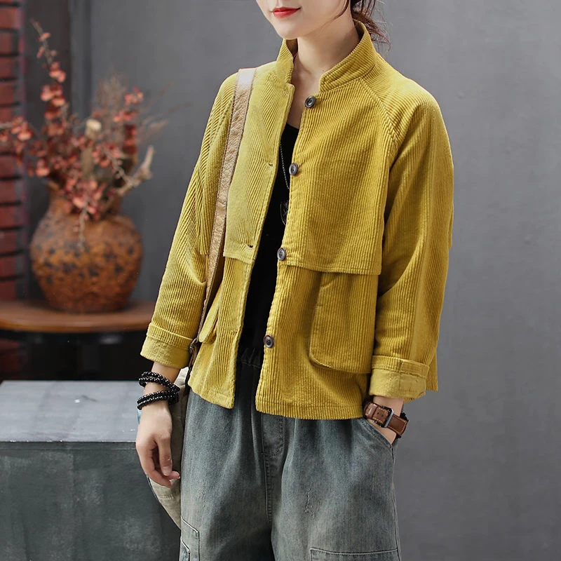 buy  New Arrival Autumn Arts Style Women Stand Collar Long Sleeve Jackets Double Pocket Loose Corduroy V