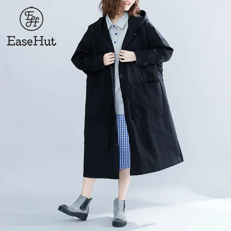 

EaseHut Oversized Black Trench for Women Hooded Single Breasted Drawstring Waist Loose Windbreaker Casual Long Outwear Black