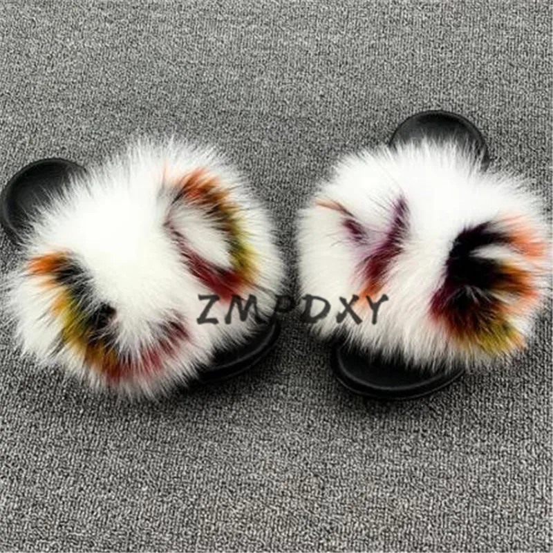 Hair-Slippers Sandals Flip-Flops Slides Raccoon-Fur Furry Fluffy Women Real Ladies Kids/childrens