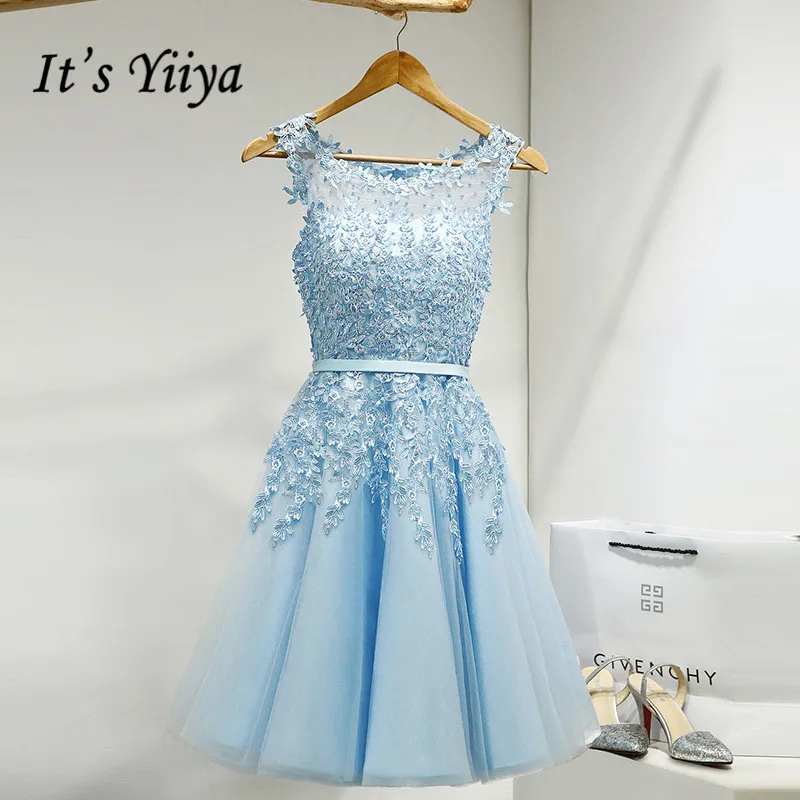 Платье для выпускного вечера, расшитое бисером, короткие свадебные торжественные платья, Аппликации, цветы, длина до колена, селфи-палка со штативом, Bluetooth LX073-1 - Цвет: sky blue