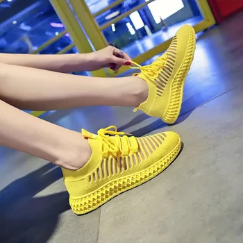 

2020 Sneakers Women Breathable Air Mesh Pink Yellow Platform Shoes Ladies Summer Casual Knitting Flats Shoes Chunky Platform