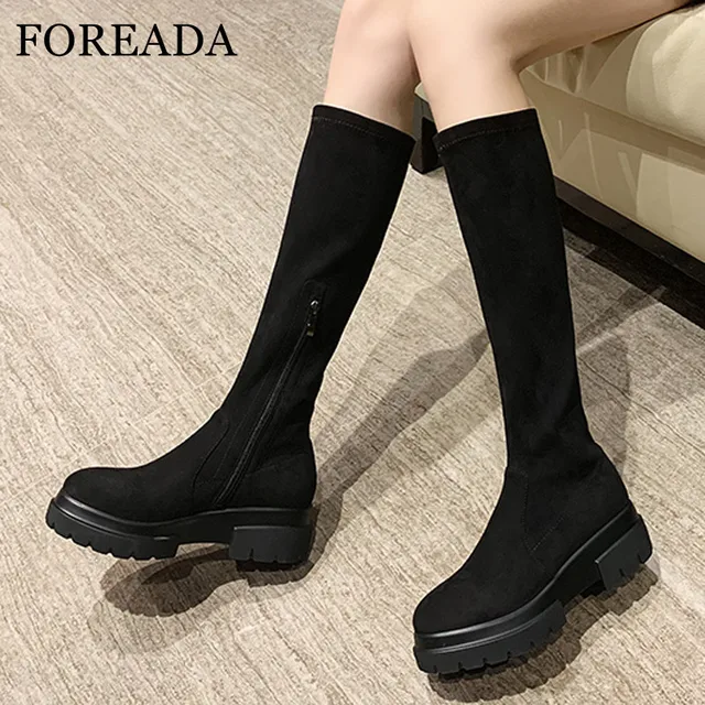 $US $62.99 FOREADA Zip Platform Woman Boots High Heel Knee High Boots Wedges Heel Long Boots Round Toe Ladies Shoes Autumn Winter Black 40