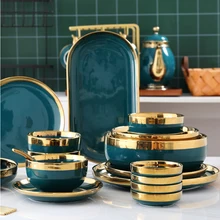 Heißer Verkauf Dark Green Abendessen Platte Gerichte Und Platten Sets Intarsien mit gold посуды посуда зайцы Abendessen Set Servies Canicas billes(China)