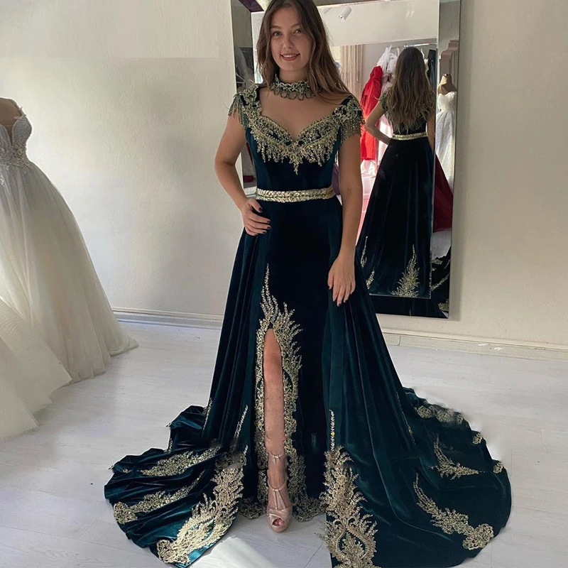 

Eightae Green Caftan Evening Dress with Detachable Train Appliques Beaded Lace Velvet Arabic Kaftan Muslim Prom Party Gown