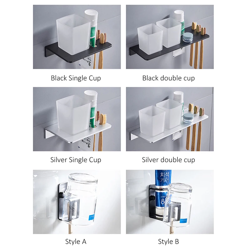 Punch-free Bathroom Cup Holder Black Toothbrush Holder Multi-function Bathroom Accessories Metal Wall Cup ML6037