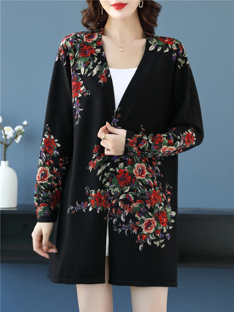 

Женский длинный кардиган, вязаные свитера с цветочным принтом, корейские модные мягкие кардиганы с V-образным вырезом для женщин на осень и весну