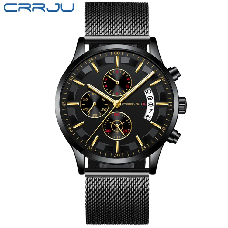 Crrju мужские водонепроницаемые часы кварцевые мужские деловые часы лучший бренд Роскошные Часы повседневные синие спортивные часы Relogio Masculino - Цвет: Black Gold