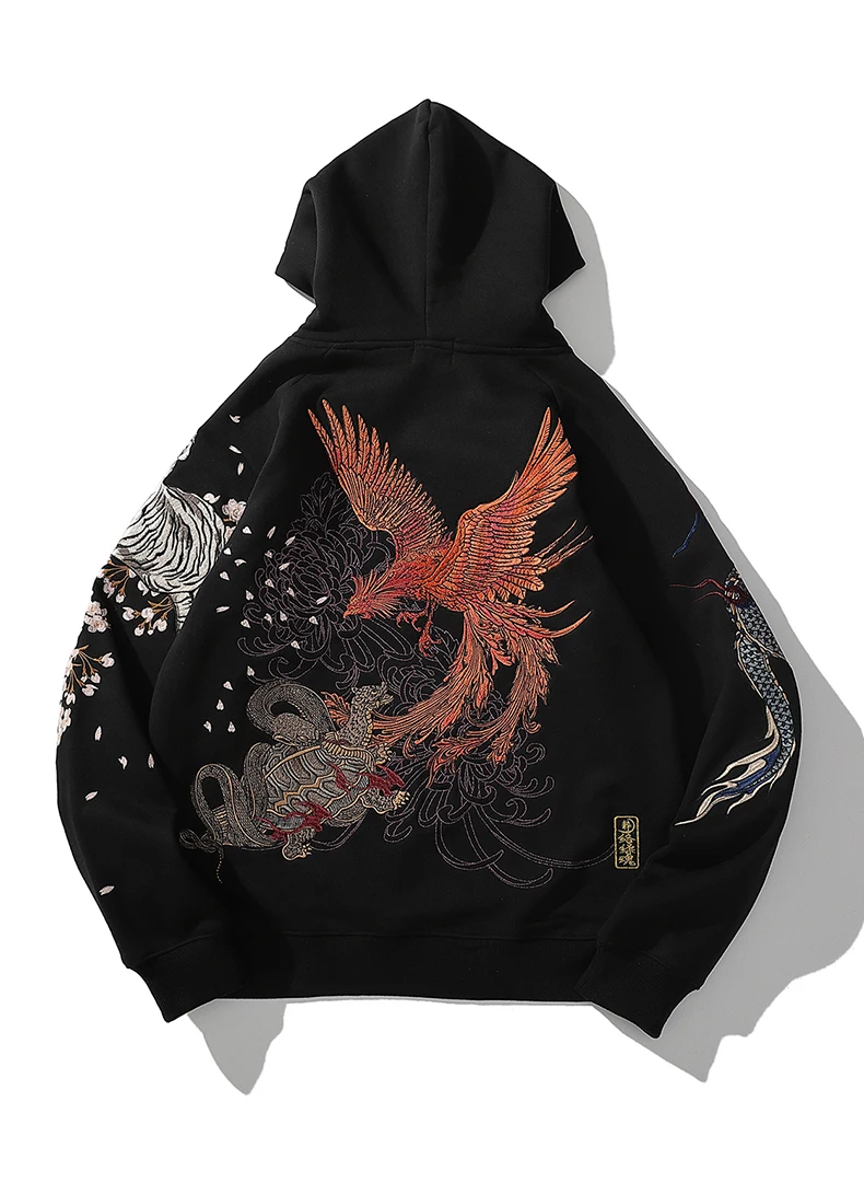 new Chinese style embroidery four gods beast dragon tiger hooded hoodie autumn and winter plus velvet thick men's clothing • COLMADO
