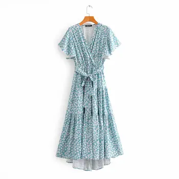 

2020 Spring Summer New Grand Prix blue flower Print zaraing women Dress sheining vadiming female Floral Dress sexy vintage S546