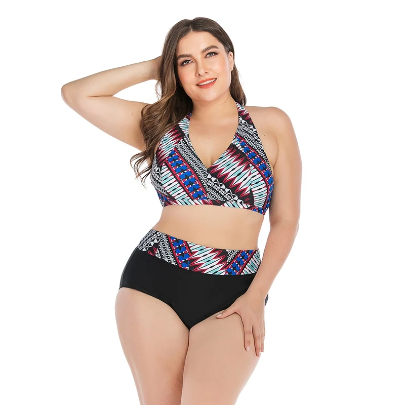 

Women Tankini Patchwork Halter Top High Waist Bikini Swimwear Lady Wire Free Padded Bra Plus Size Swimsuit Beach Suit#24
