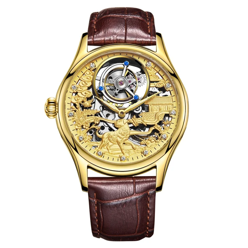 Оригинальные Tourbillon GUANQIN механические часы для мужчин лучший бренд класса люкс Сапфир водонепроницаемый скелет собака циферблат Relogio Masculino - Цвет: Кофе