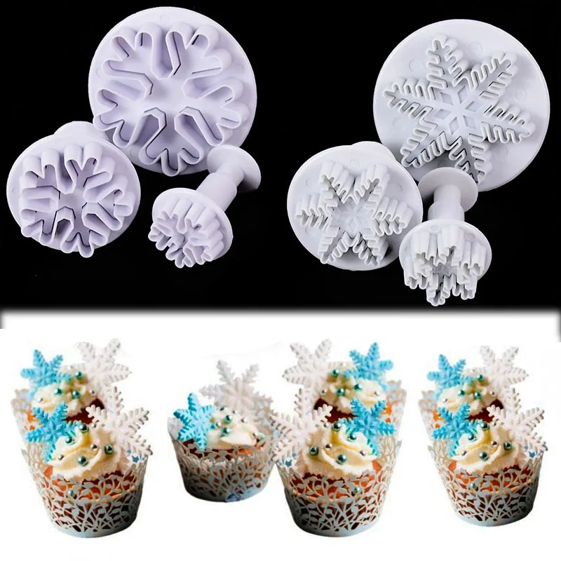 3Pcs Christmas Snowflake Cake Cutter 3D Fondant Cookie Plunger Mold For Christmas New Year Birthday Party Cake Decor Baking Tool