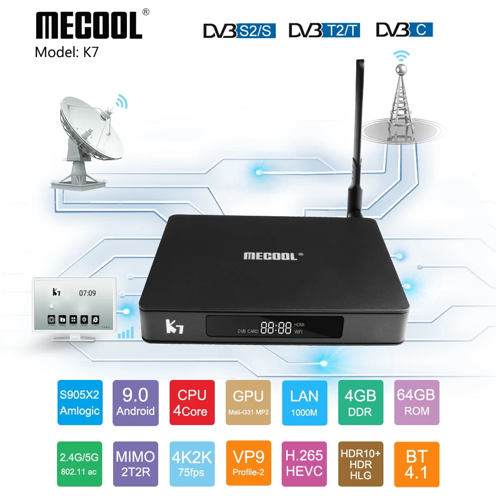  Mecool K7 Smart TV Box Android 9.0 DVB-T2/S2/C Amlogic S905X2 QuadCore 4GB RAM 64GB ROM 4K 2.4/5G D