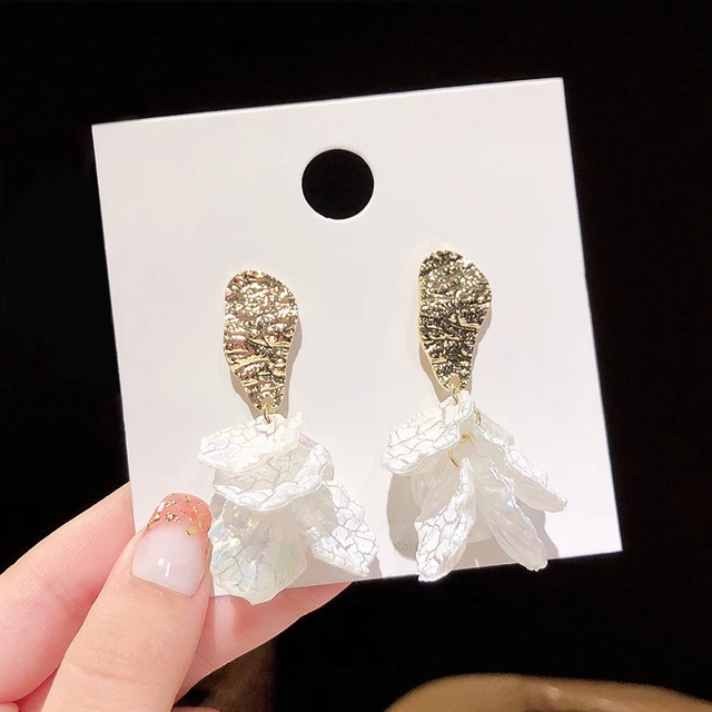 Lifefontier Korean White Flower Petal Drop Earrings Resin Rhinestone Pearl Long Tassel Dangle Earrings For Women Jewelry Girls A1180753E