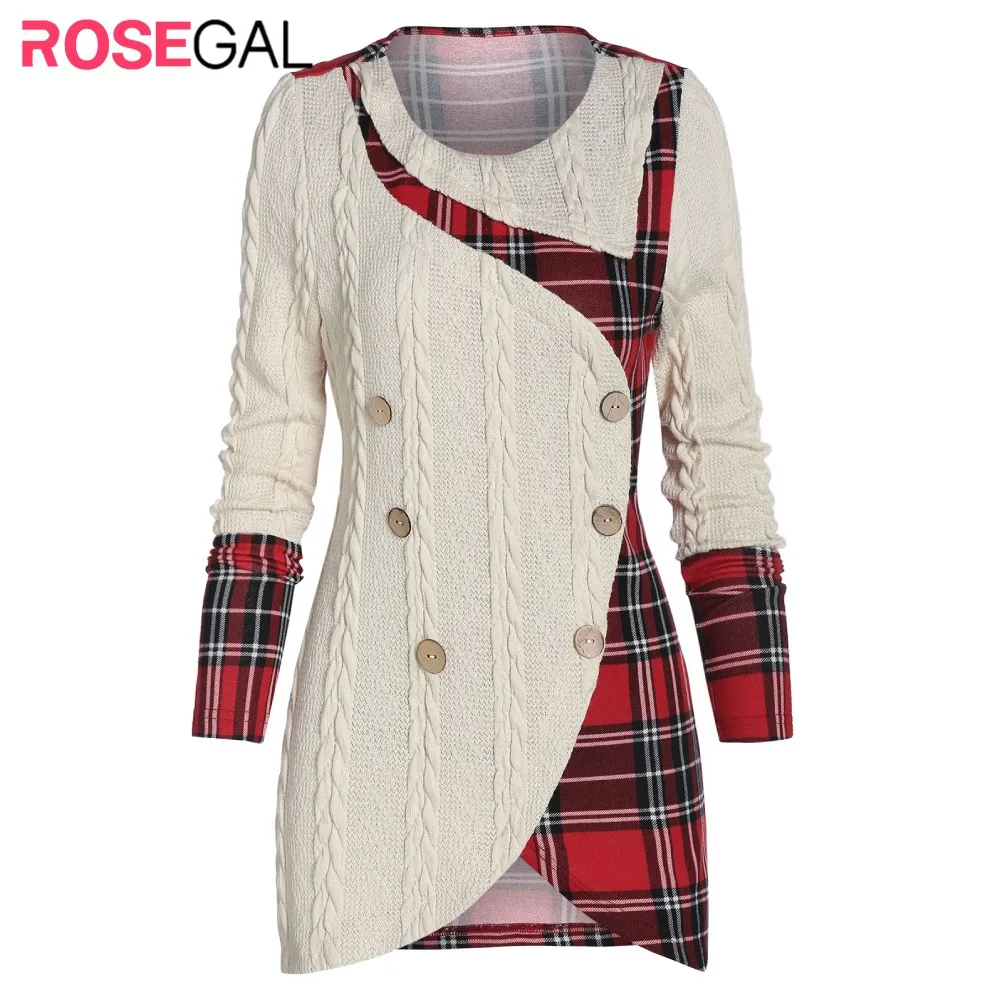 weitongbuWomen Tartan Panel Mock Button High Low Sweater Elastic Casual Plaid Longline Long Asymmetric Pullovers | Женская одежда