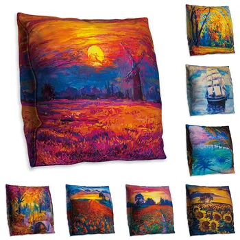 

Nordic Style Oil Painting 45*45cm Landscape Cushion Cover Polyester Sofa Throw Pillow Car Home Decoration Decorative Pillowcase